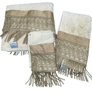 croscill home 3 piece bath towel set RN 21857 floral fringe cotton cream READ